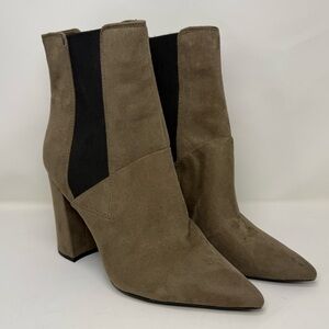 Womens Guess Breki 2 Gray Tan Suede Point Toe Chunky Block Heel Mid Boots Size 9